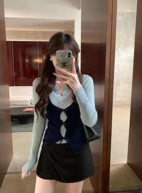 安璃 简约撞色假两件上衣