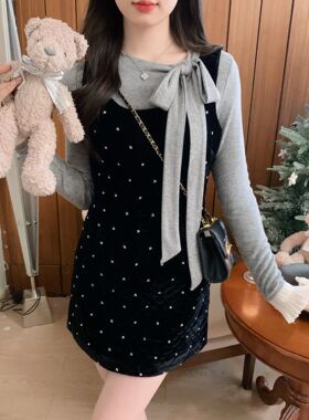 安璃 星辰~小香风甜美减龄星星细闪收腰显瘦小黑裙短款夹棉连衣裙