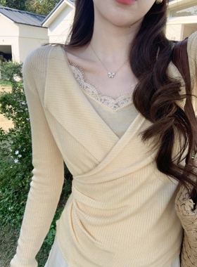 安璃 设计感交叉领假两件针织毛衣