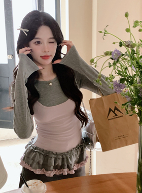 安璃 小众设计感撞色长袖显瘦上衣花边下摆温柔少女感T恤2025新款