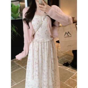 安璃 初恋感晕染碎花重工刺绣花边吊带裙粉色针织开衫套装分开拍