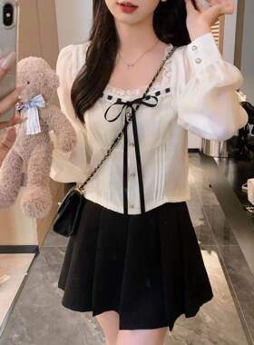 安璃 小香风编织系带显瘦蕾丝花边方领上衣百搭温柔衬衫秋季新款