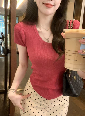 安璃Anli 纯欲风性感U领百搭花边短袖T恤短袖上衣透气针织衫