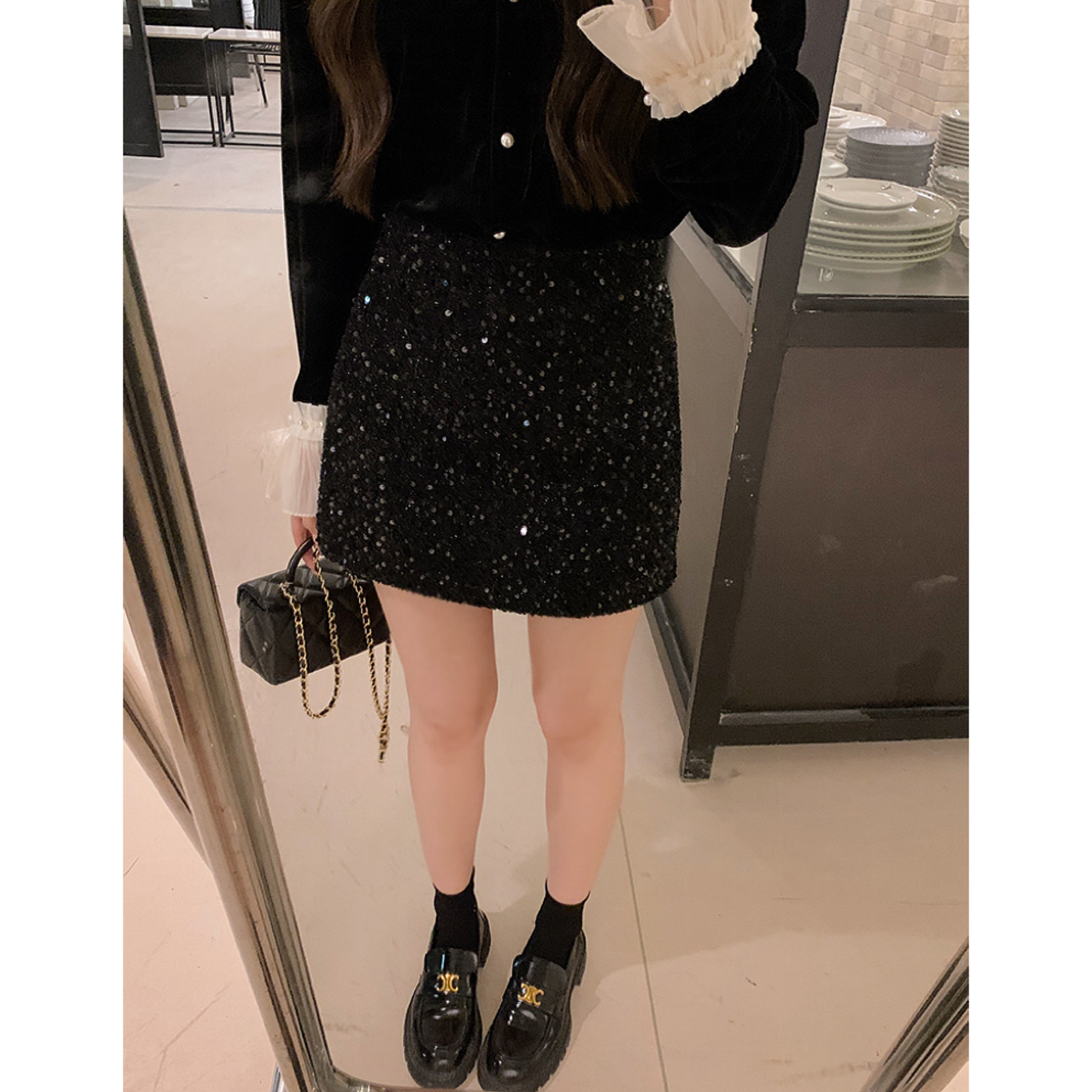 安璃 2024年新款闪亮少女精致亮片黑色半身裙高腰百搭A字裙包臀裙,女装/女士精品,半身裙,淘宝优惠券,粉丝福利购,淘宝优惠卷