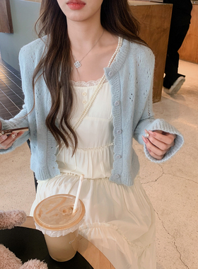 安璃 2024年新款春夏时髦温柔奶蓝色显白镂空钩花V领毛衣针织开衫