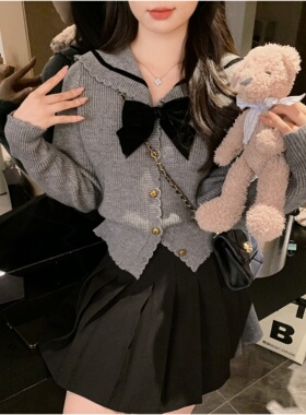 安璃 学院减龄蝴蝶结翻领深灰色可爱毛衣