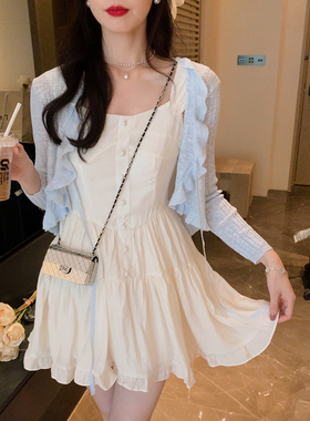 安璃 ANLI 夏季清爽蓝色慵懒开衫荷叶边宽松百搭透气防晒上衣新款