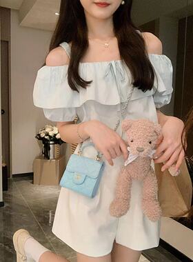 安璃 ANLI 温柔风净色露肩荷叶边设计感背带上衣夏季清爽系带衬衣