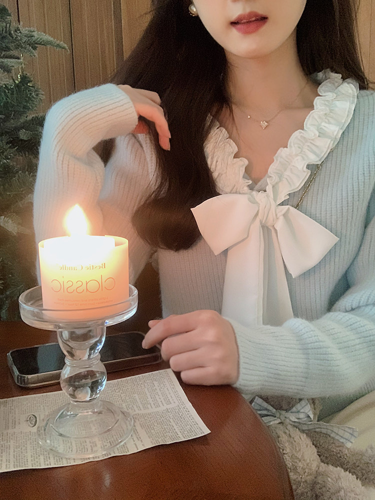 安璃 温柔奶蓝色木耳边蝴蝶结绑带毛衣甜美冬季显白针织开衫新款,女装/女士精品,毛衣,淘宝优惠券,粉丝福利购,淘宝优惠卷