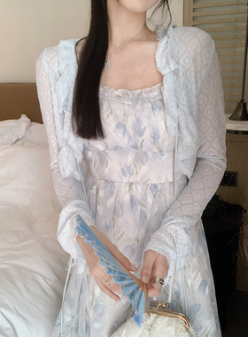 安璃 ANLI 2024年新款蓝色蕾丝开衫纯色仙气温柔夏季外搭上衣