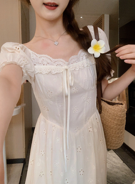 安璃 2024年新款夏季方领花边韩系蕾丝小白裙温柔甜美气质连衣裙