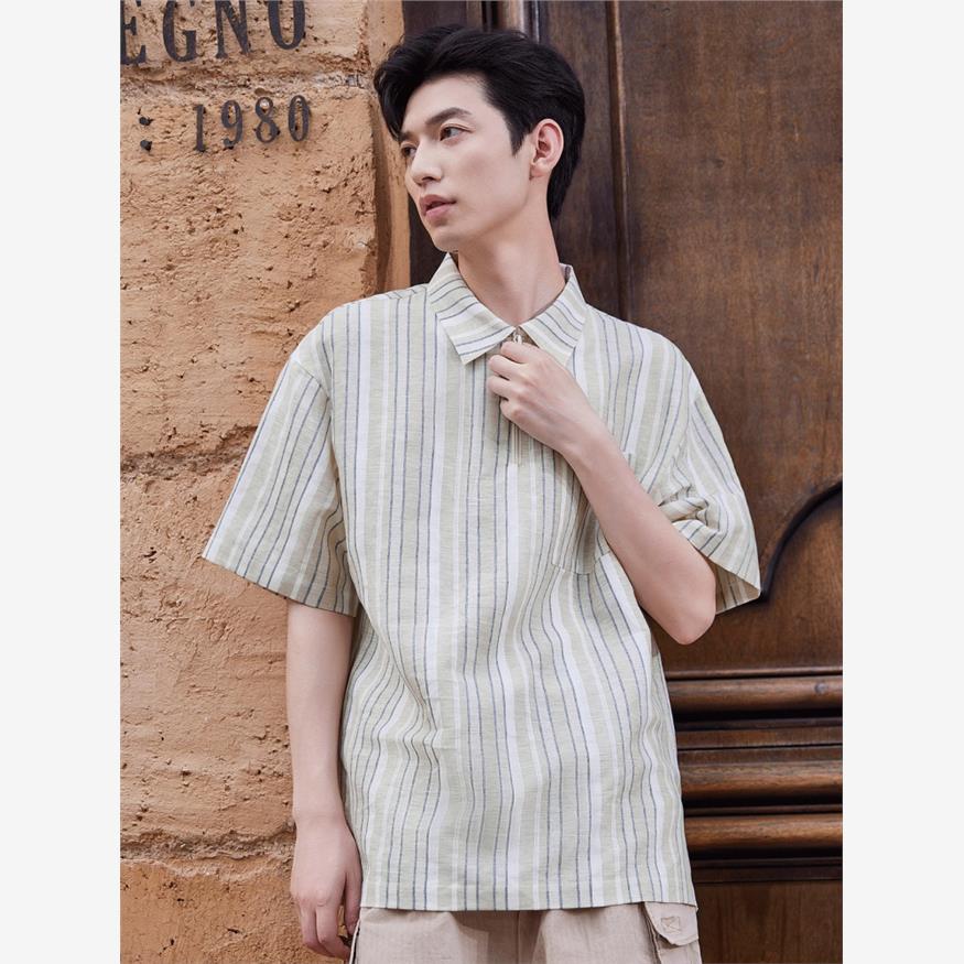 亚麻条纹短袖POLO衫男潮