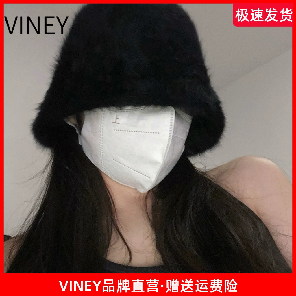 Viney帽子女显脸小兔毛渔