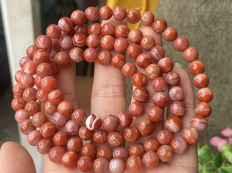 7.4mm天然川料南红玛瑙多圈手串 柿子红特色纹路圆珠手链包邮