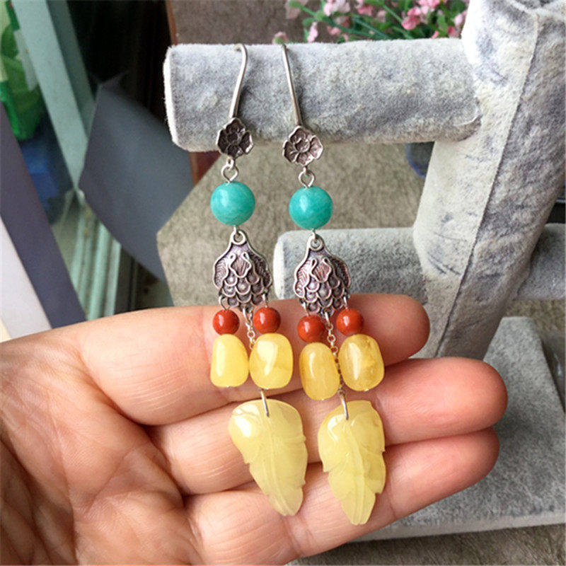 蜜蜡叶子桶珠长款耳饰吊坠饰品中国民族风复古耳坠 925纯银镶嵌