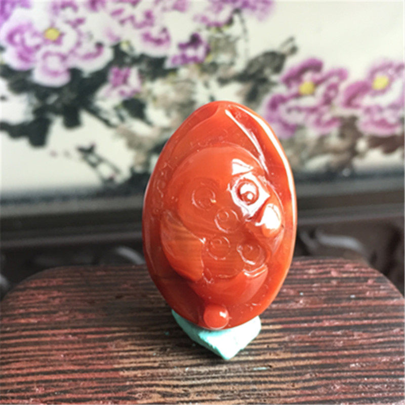 天然川料南红玛瑙荷花吊坠雕件 火焰纹莲花雕刻挂饰项坠