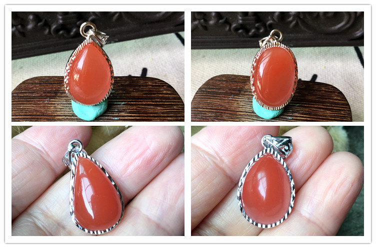 南红四川玛瑙纯银镶嵌水滴吊坠