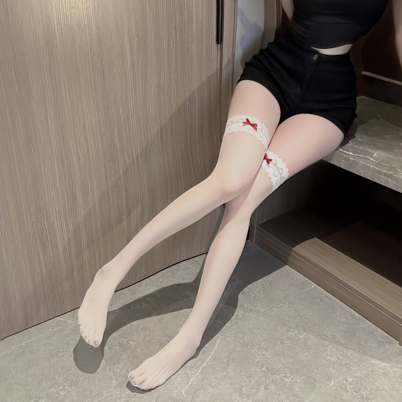 油光袜蕾丝花边白丝纯欲性感极光长筒超薄隐形油亮丝袜大腿过膝袜