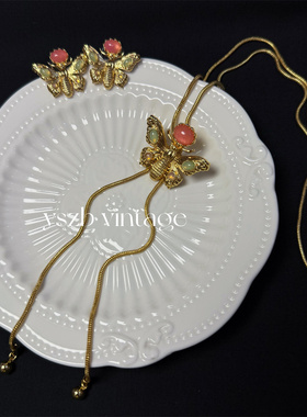 做旧项链蝴蝶耳钉可调节项链长款