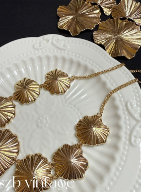 复古金色叶子欧美耳钉耳夹项链