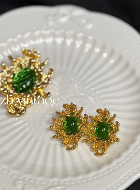 予 2010 复古Vintage绿色琉璃镀真金保色耳钉耳夹胸针套装 包邮