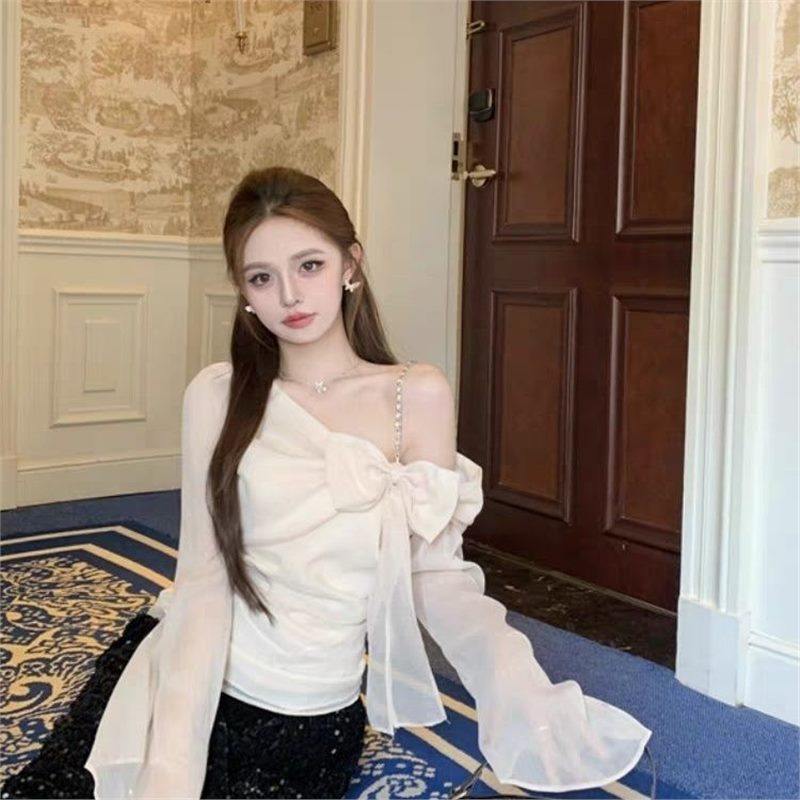 法式蝴蝶结露肩长袖雪纺衬衫女夏季修身薄款设计感杏色绝美小