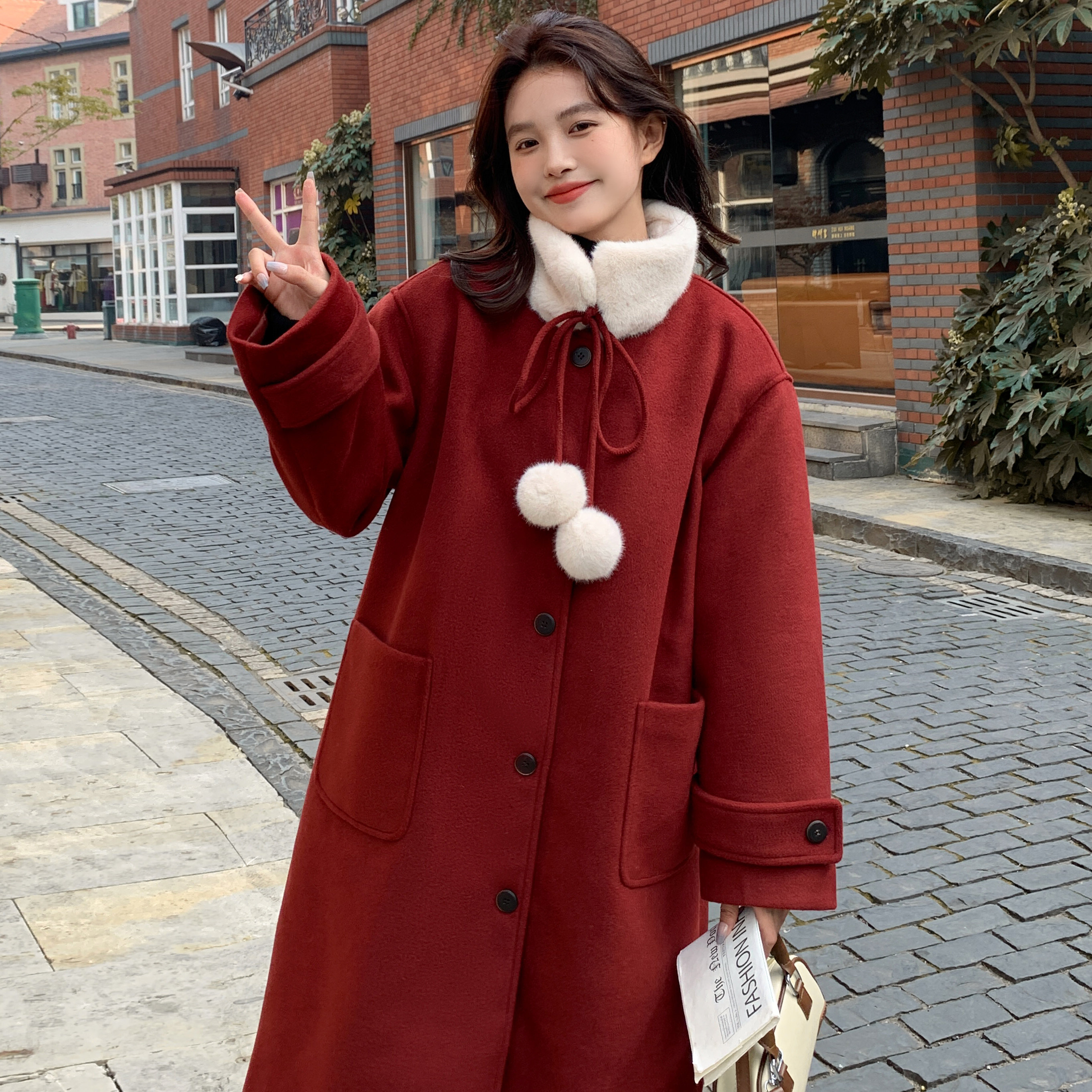 现货兔毛内胆毛球红色长款大衣170A-2379-P195-K288,女装毛呢外套,浙宝170