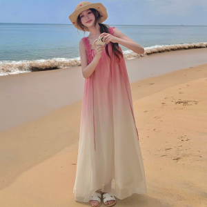 粉色渐变花朵吊带连衣裙女2025夏季新款海边度假风宽松超仙长裙潮图片