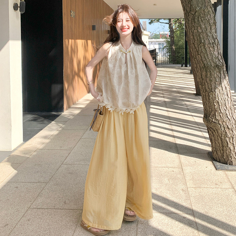 新中式花边背心阔腿裤套装女2025年夏季新款气质显瘦超好看两件套,女装套装/套裙,浙宝170