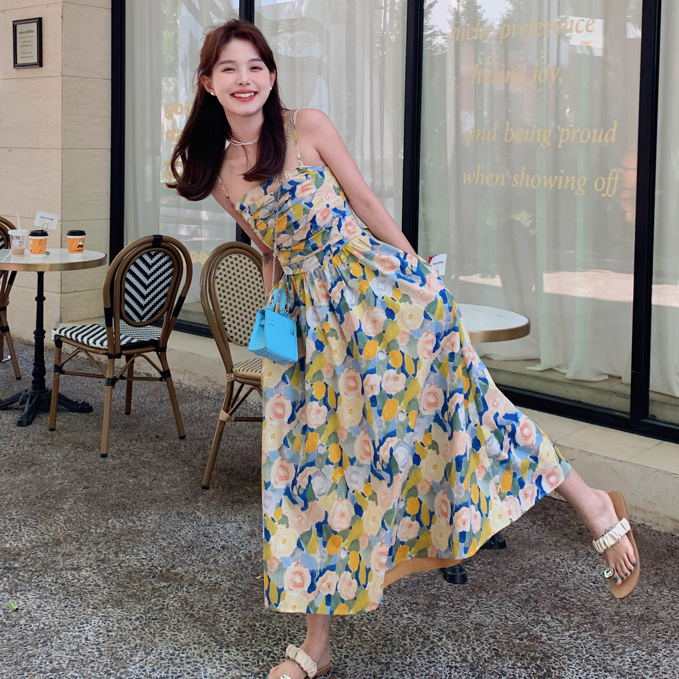 法式甜美抹胸吊带连衣裙女夏2025年新款度假风绝美收腰碎花长裙子,女装连衣裙,浙宝170