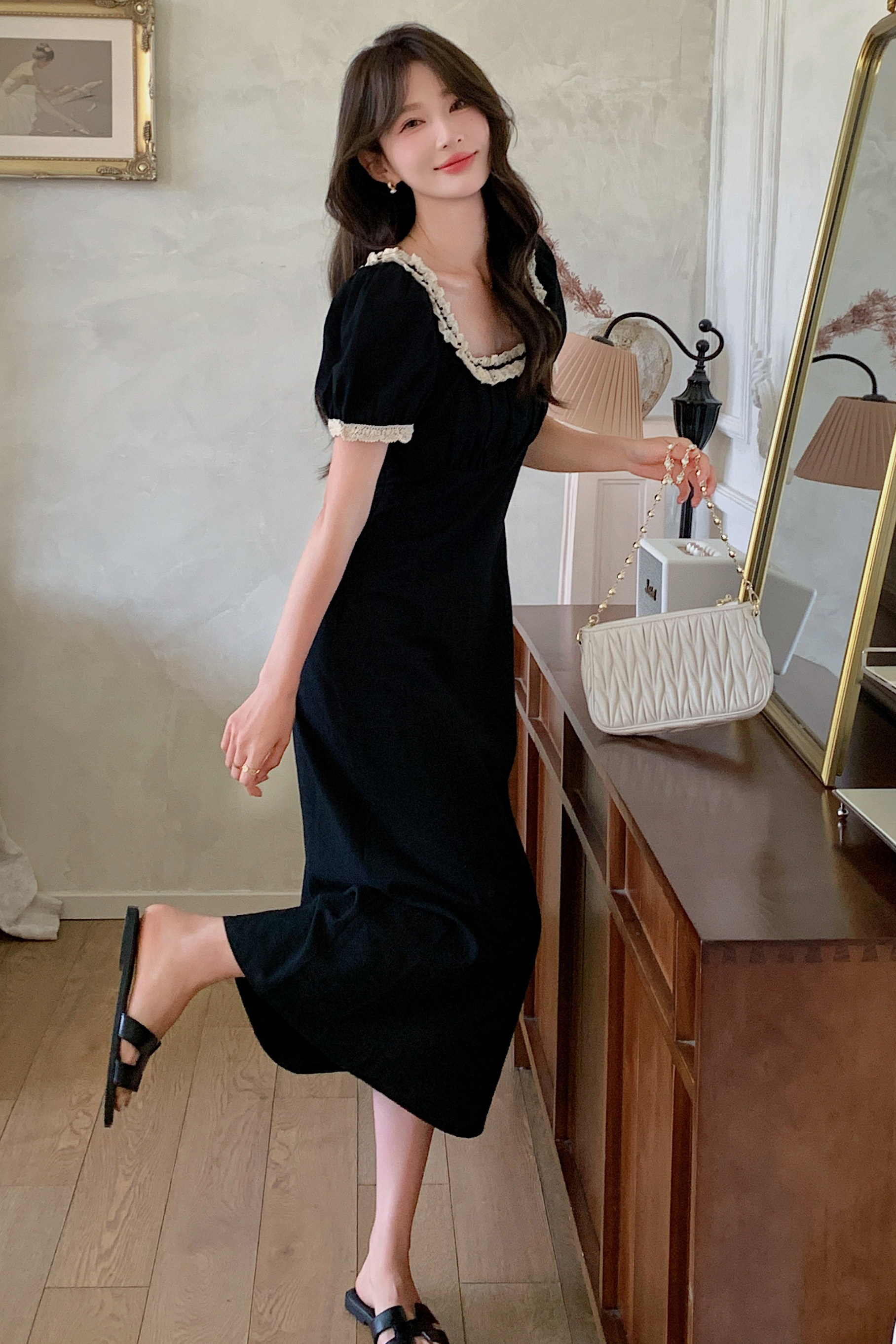 法式气质赫本风方领连衣裙女2025夏季新款韩版收腰显瘦茶歇长裙子,女装连衣裙,浙宝170