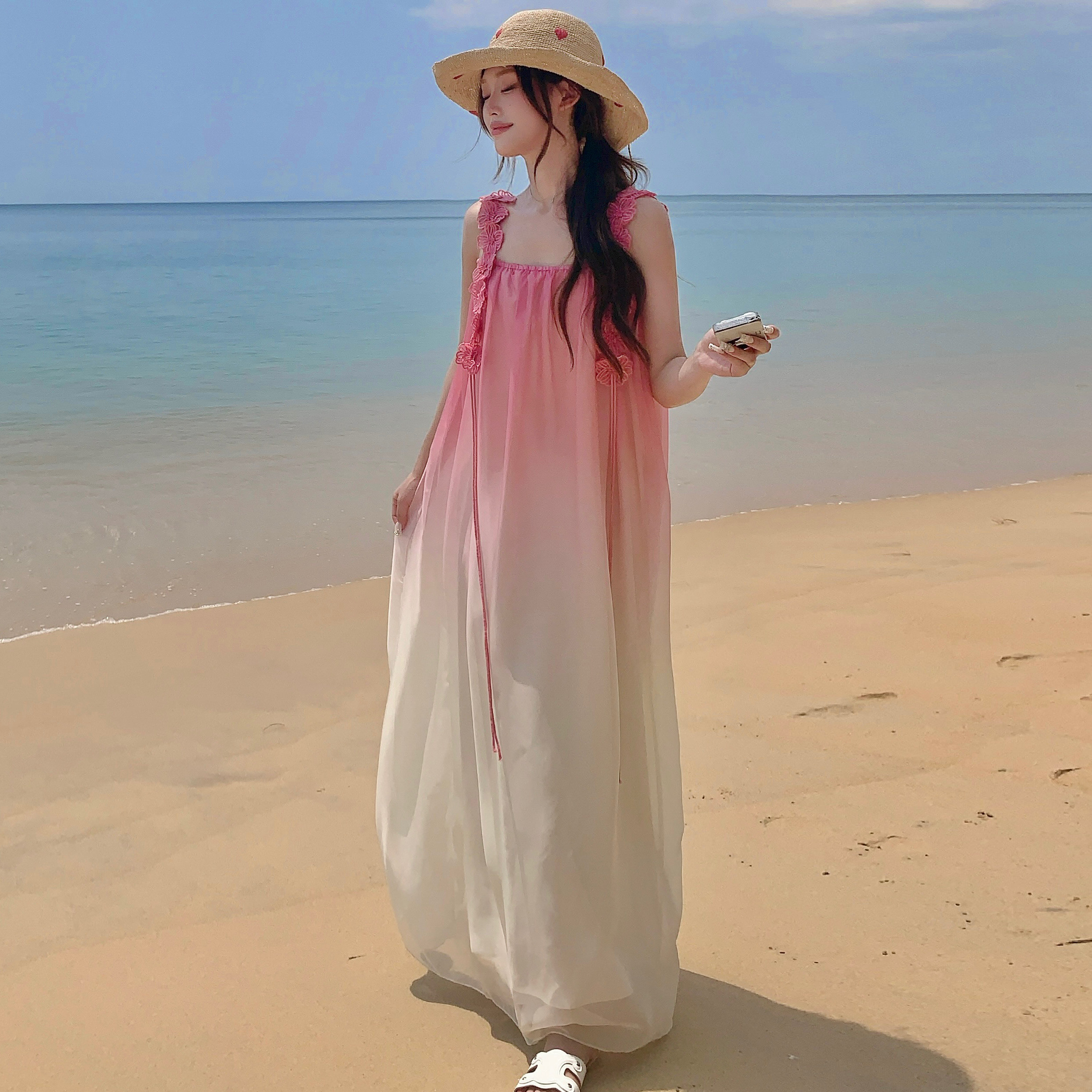 粉色渐变花朵吊带连衣裙女2025夏季新款海边度假风宽松超仙长裙潮,女装连衣裙,浙宝170