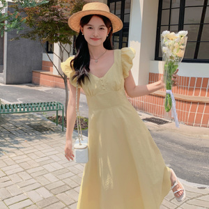 法式甜美后背蝴蝶结连衣裙女2025夏季新款韩版收腰显瘦茶歇长裙子图片