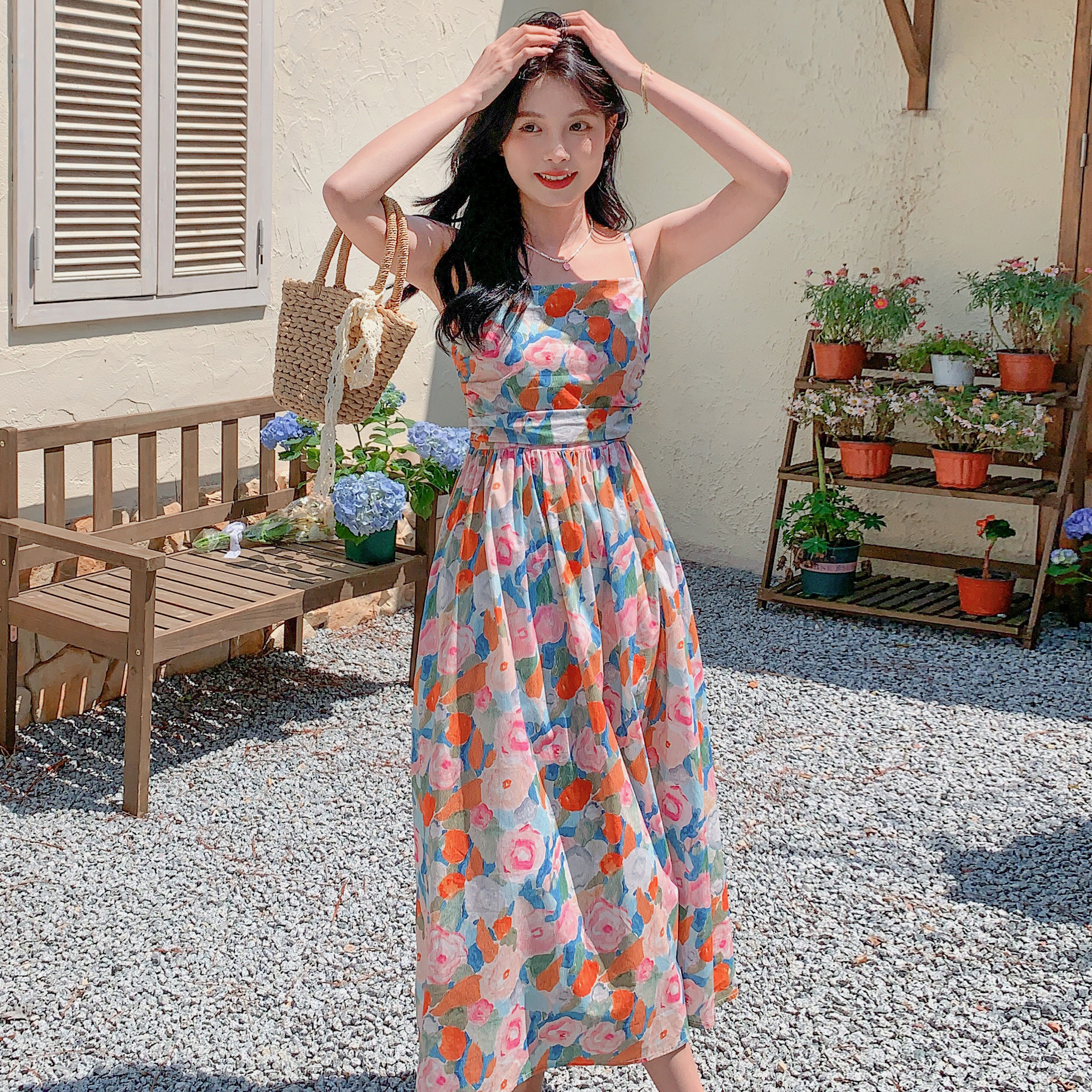 法式甜美抹胸吊带连衣裙女夏2025年新款度假风绝美收腰碎花长裙子,女装连衣裙,浙宝170