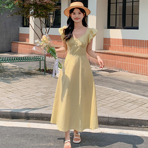 法式甜美后背蝴蝶结连衣裙女2025夏季新款韩版收腰显瘦茶歇长裙子图片