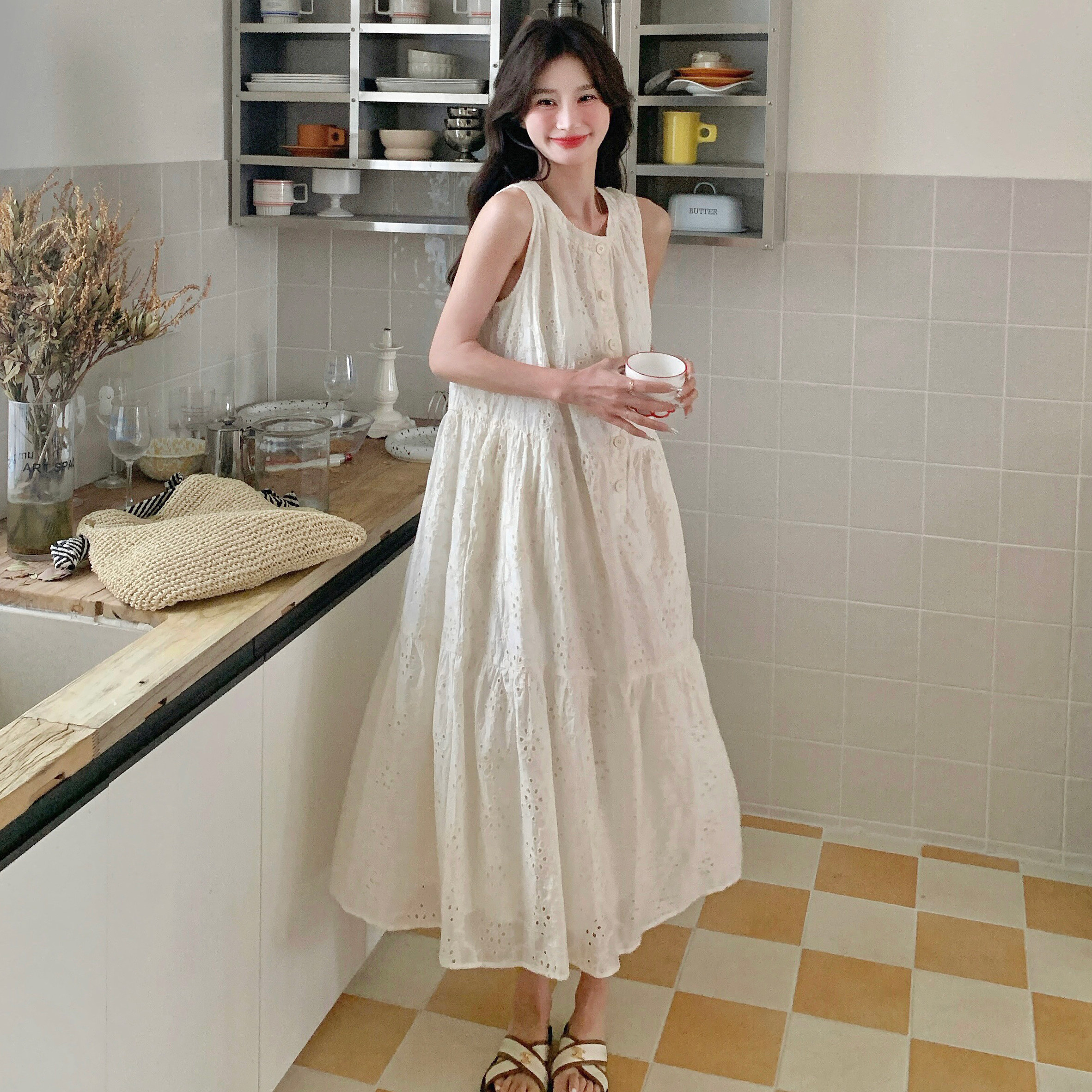 香草杏超仙无袖背心裙女长款2025夏新款法式甜美减龄温柔风连衣裙,女装连衣裙,浙宝170