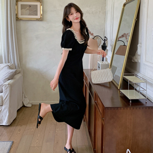 法式气质赫本风方领连衣裙女2025夏季新款韩版收腰显瘦茶歇长裙子,法式夏季穿搭推荐图片