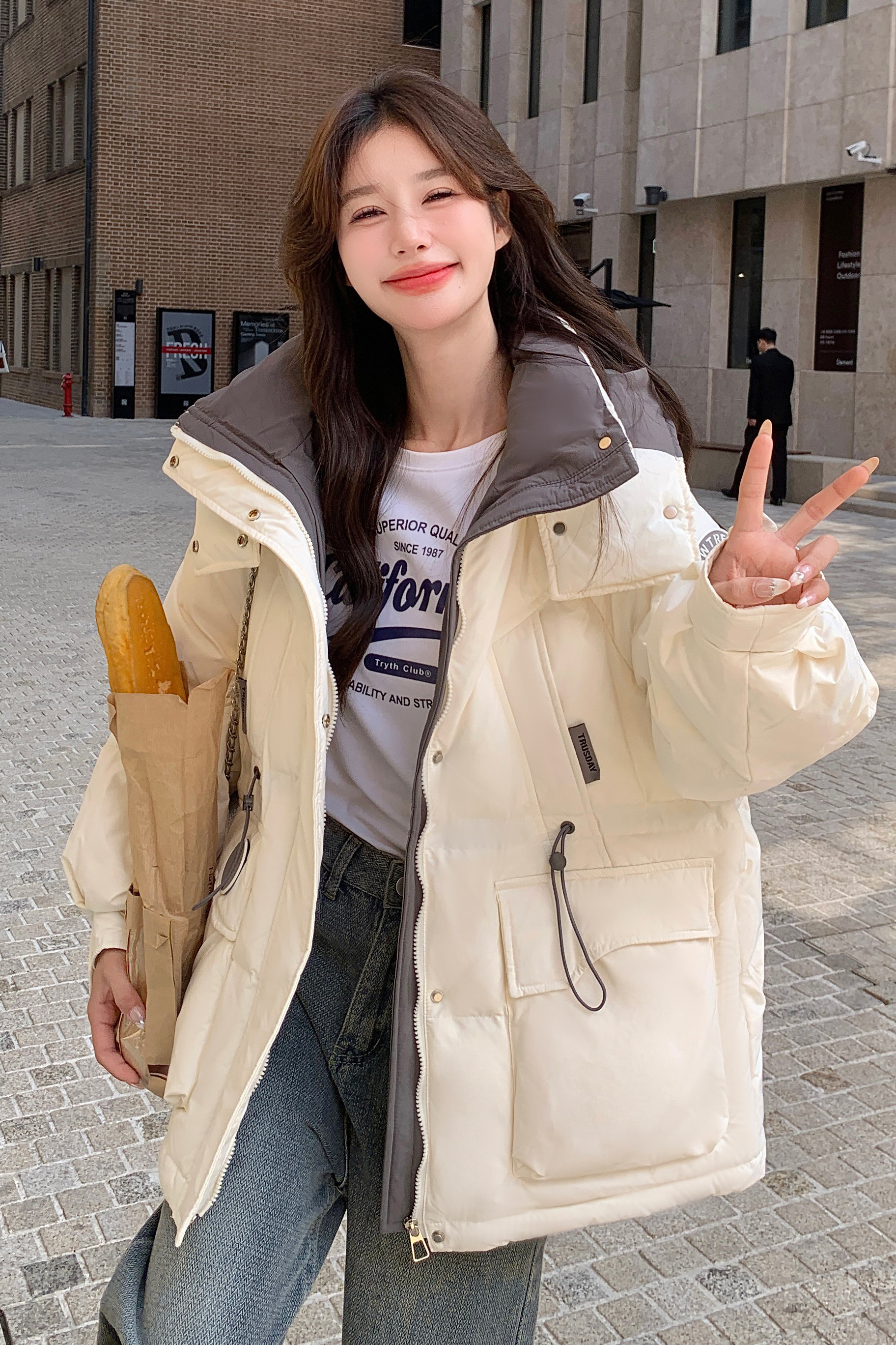 现货24冬50绒工装风撞色连帽羽绒服170A-2369-P265-K388,女装羽绒服,浙宝170