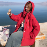 25冬新红色牛角扣连帽中长款羽绒棉棉服外套170-2590-P225-K328，女装棉衣/棉服，浙宝170