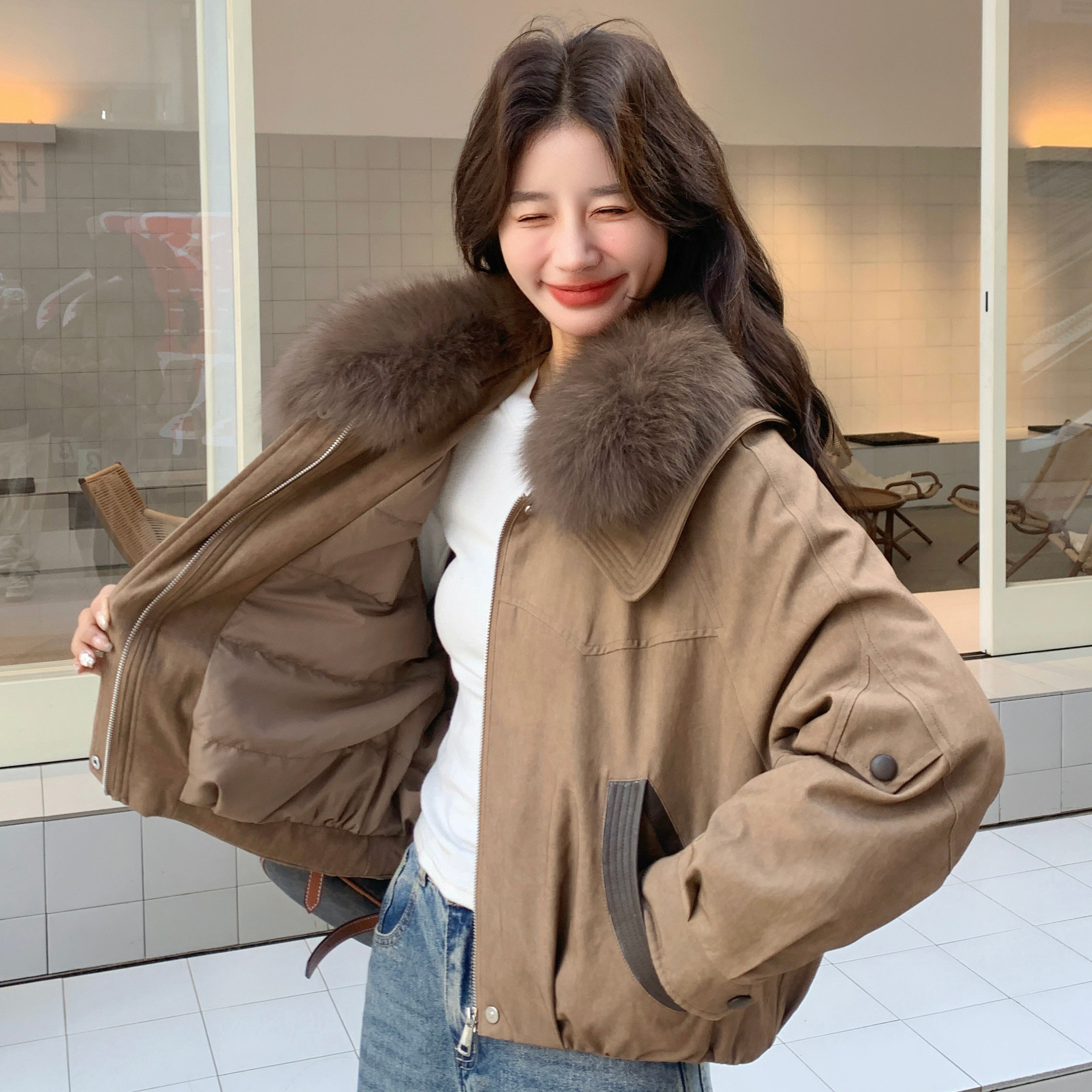 25冬新环保兔毛领pu皮拼接撞色短款90绒派克服170-6813-P295-K428,女装羽绒服,浙宝170