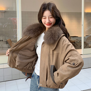 25冬新环保兔毛领pu皮拼接撞色短款90绒派克服170-6813-P295-K428图片
