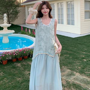 蓝色漂亮绝美无袖背心连衣裙女夏新款法式减龄超仙气质假两件长裙图片