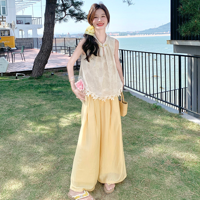 新中式花边背心阔腿裤套装女2025年夏季新款气质显瘦超好看两件套,女装套装/套裙,浙宝170