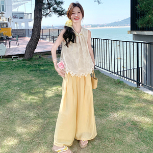 新中式花边背心阔腿裤套装女2025年夏季新款气质显瘦超好看两件套图片