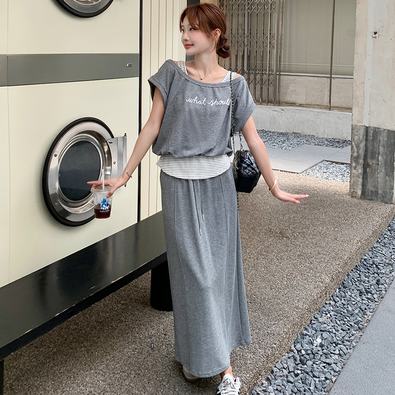 假两件灰色T恤半身裙时尚套装女夏2025新款巨好看大方得体两件套，女装套装/套裙，浙宝170