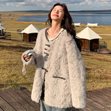 25冬新无领牛角扣皮毛一体麂皮绒中长款外套170-2570-P205-K298，女装皮草，浙宝170