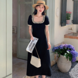 法式气质赫本风方领连衣裙女2025夏季新款韩版收腰显瘦茶歇长裙子，女装连衣裙，浙宝170