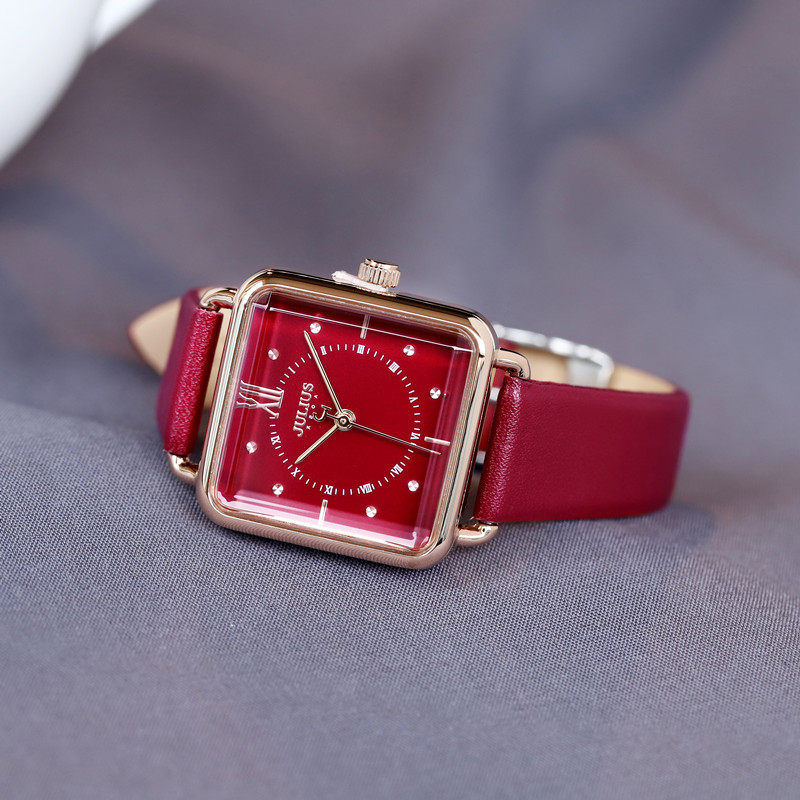聚利时新款手表女韩风复古酒红色皮带女表方形女式腕表学生石英表