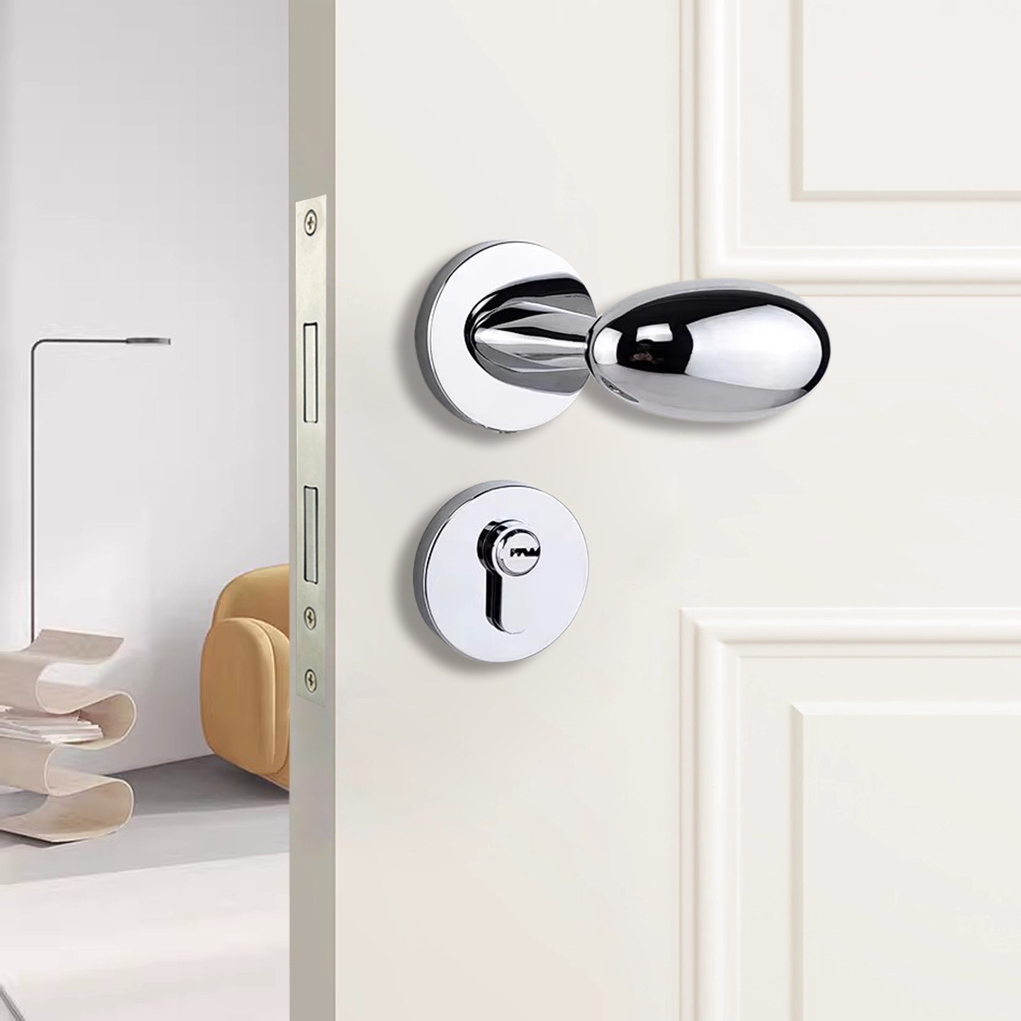 博斯顿银色卧室门锁家用房门锁静音磁吸锁室内简约鹅蛋形木门把手