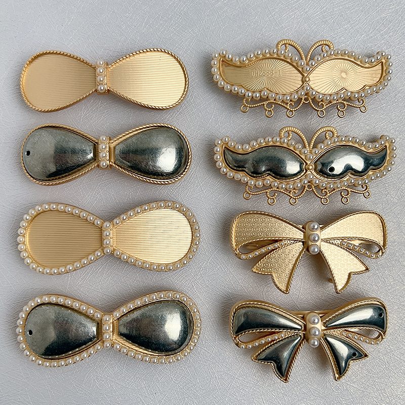 手工diy弹簧夹空托中式宋锦贴布底胎手作发夹配饰珍珠蝴蝶结发饰